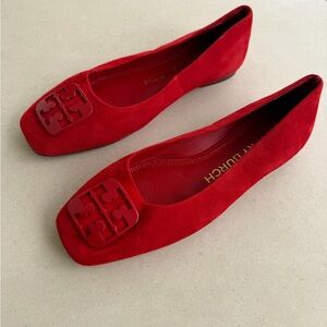 Tory Burch Red Suede Square-Toe Logo Ballet Flats Size 6.5